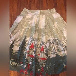 Vintage Christmas Scenic Print Green Skirt
